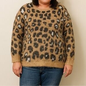 Ellos Leopard Print Fuzzy Knit Sweater 1X Brown Black Long Sleeve Cozy Pullover